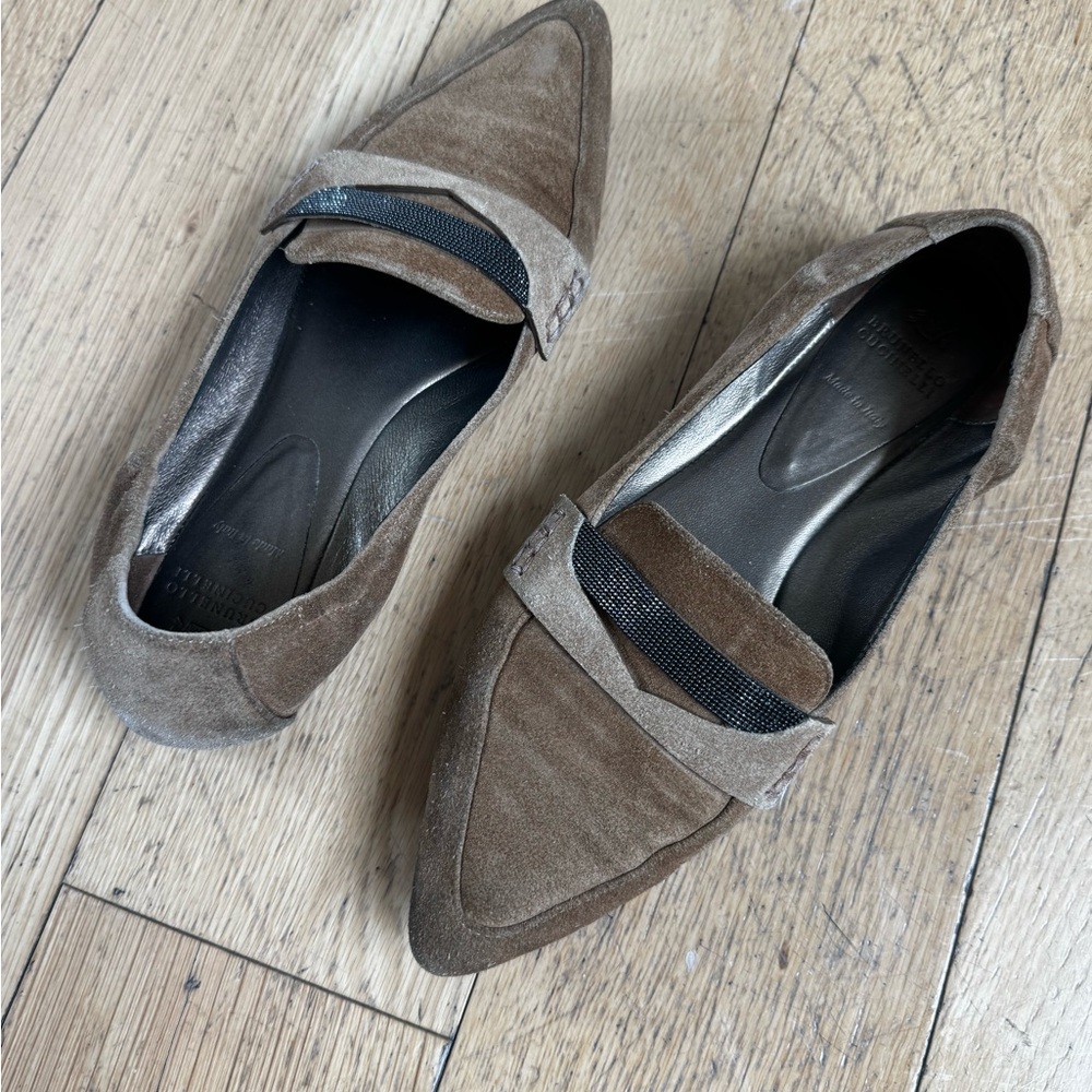 Brunello Cucinelli Taupe Suede Pointed Loafers Monili Accent